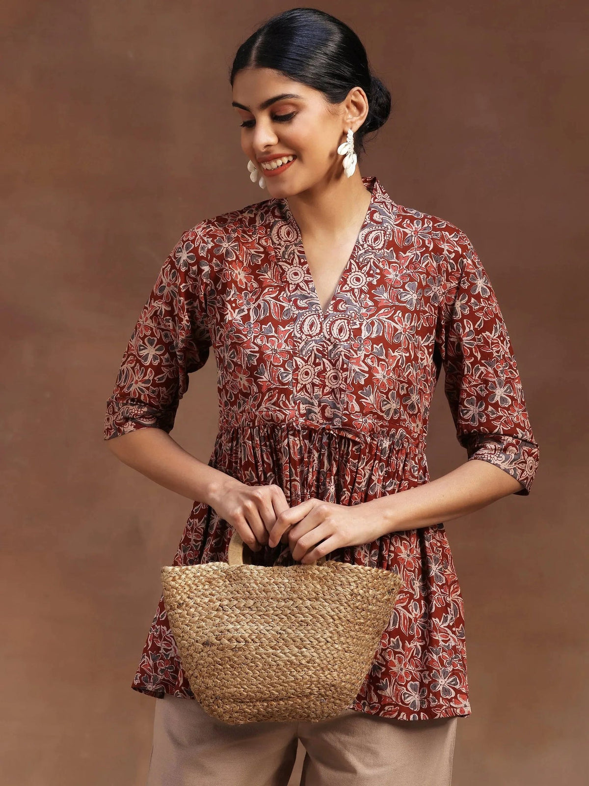 Libas Rust Printed Cotton A-Line Kurti P23