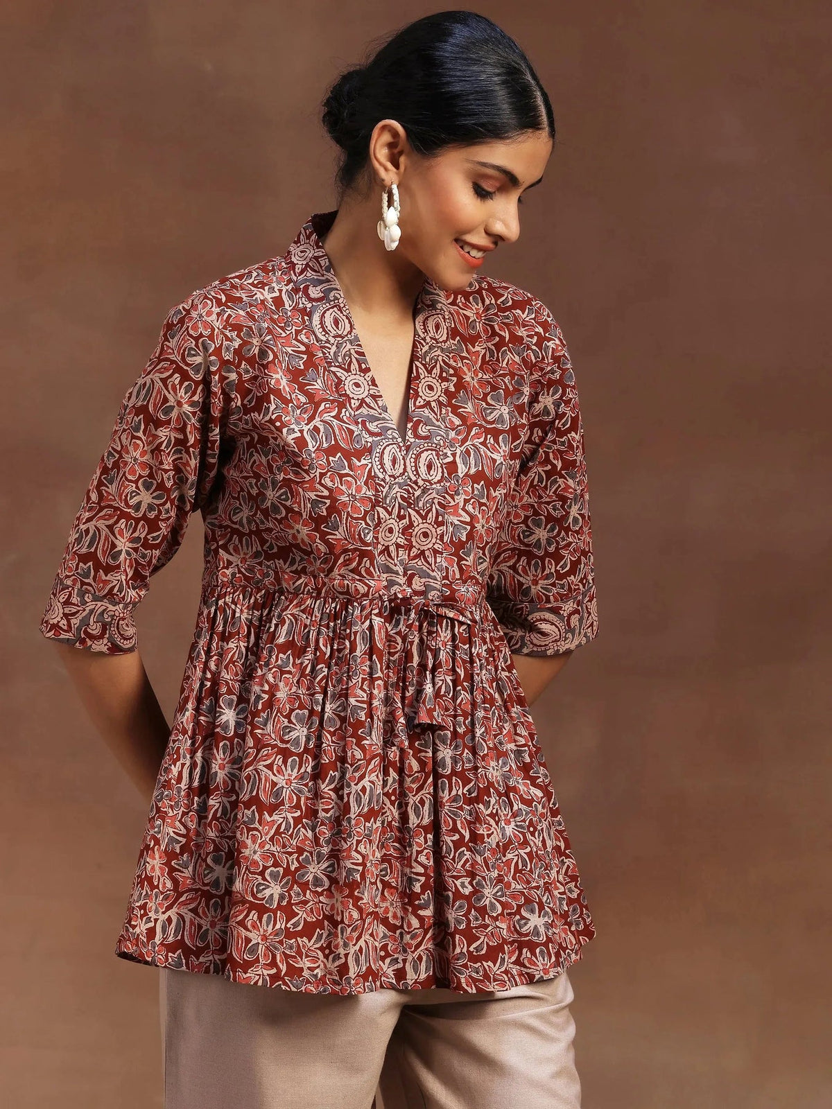 Libas Rust Printed Cotton A-Line Kurti P23