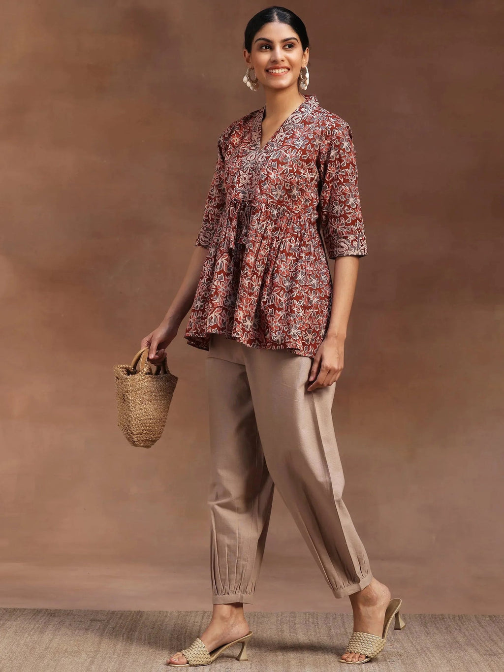 Libas Rust Printed Cotton A-Line Kurti P23