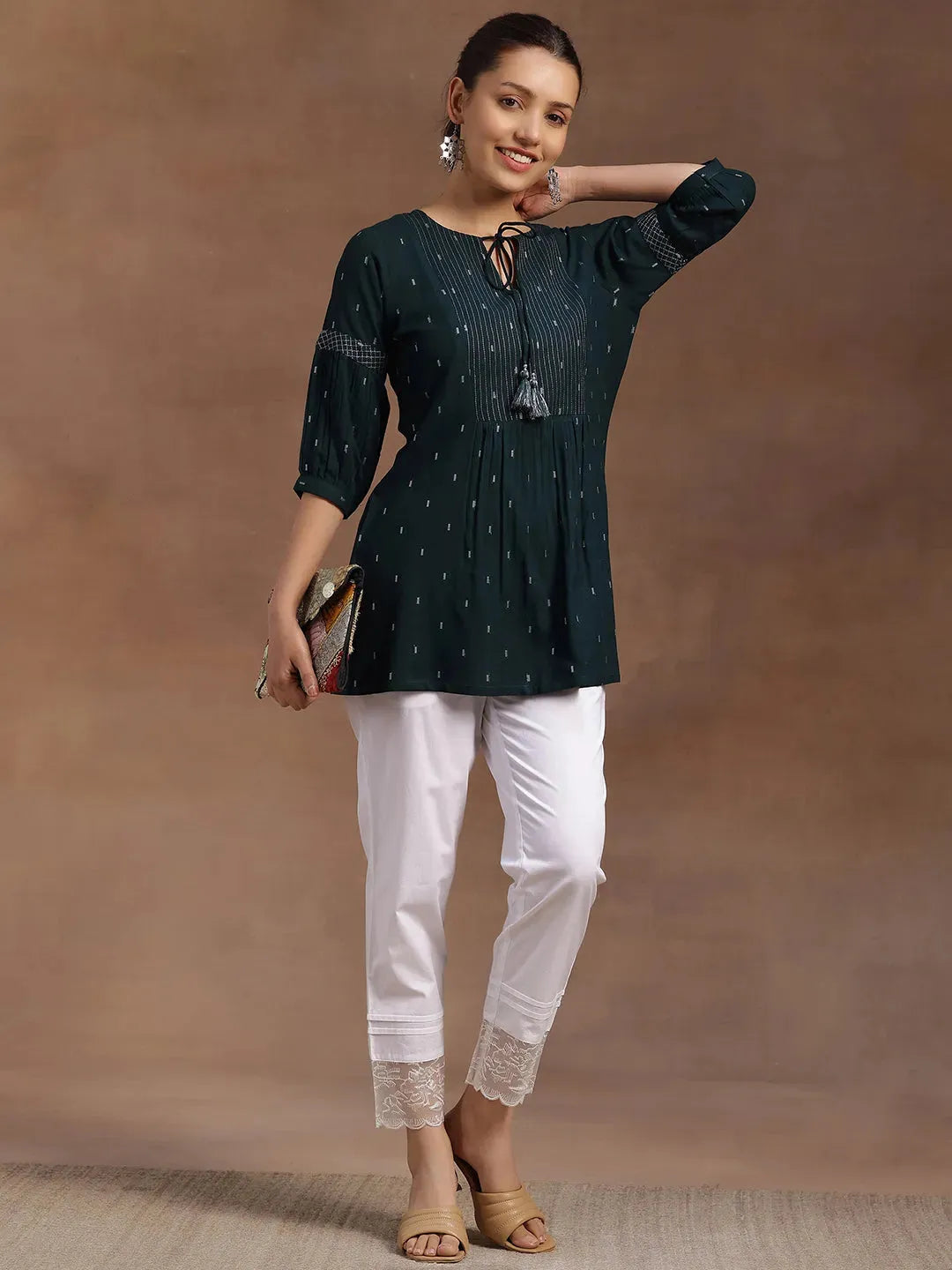 Gerua Green Woven Design A-Line Kurti P23