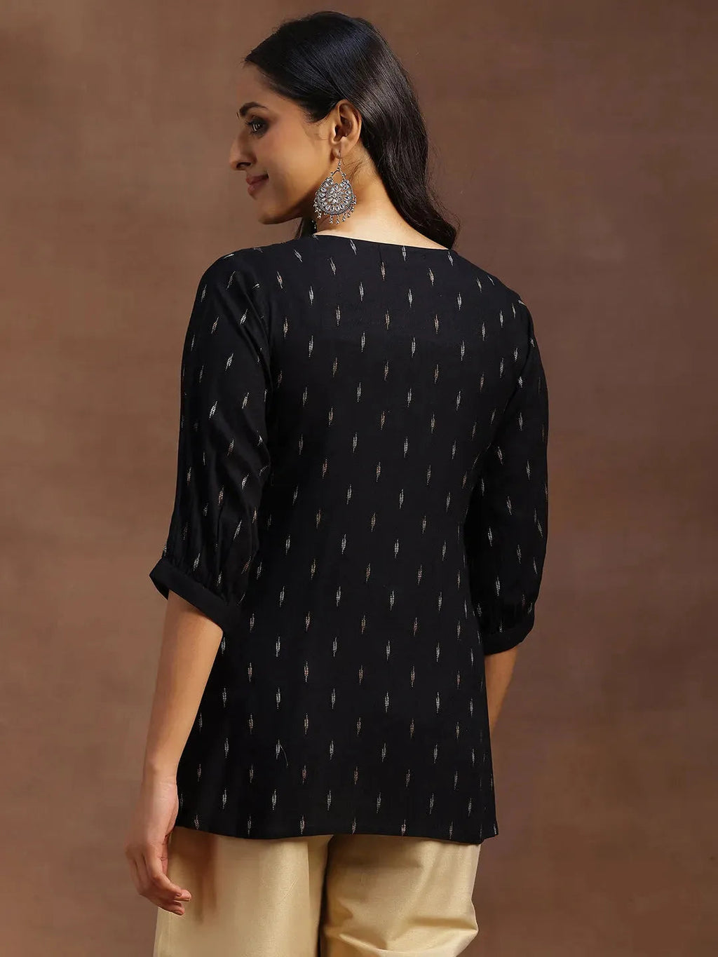 Libas Black Woven Design Cotton Blend A-line Kurti P23
