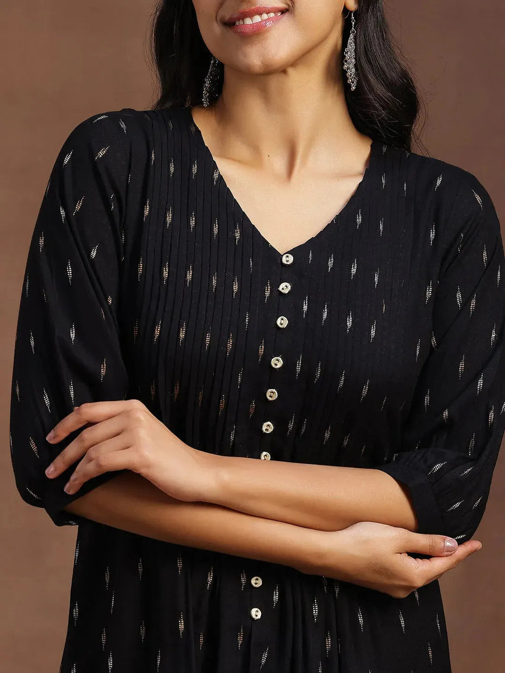 Libas Black Woven Design Cotton Blend A-line Kurti P23