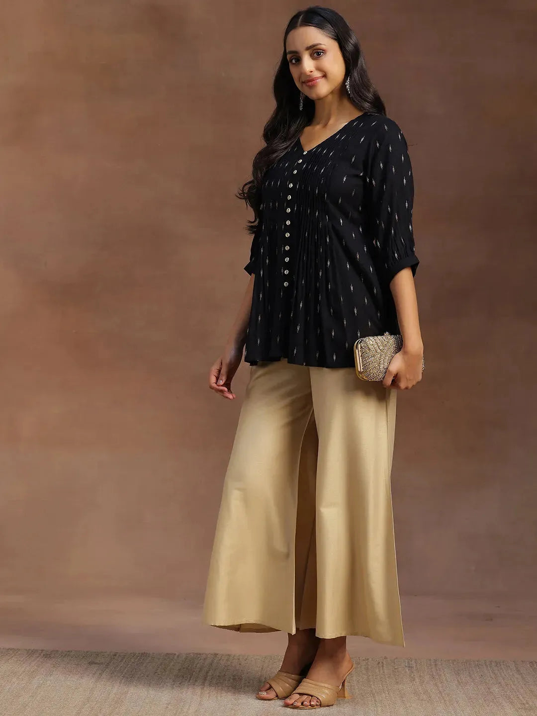 Libas Black Woven Design Cotton Blend A-line Kurti P23