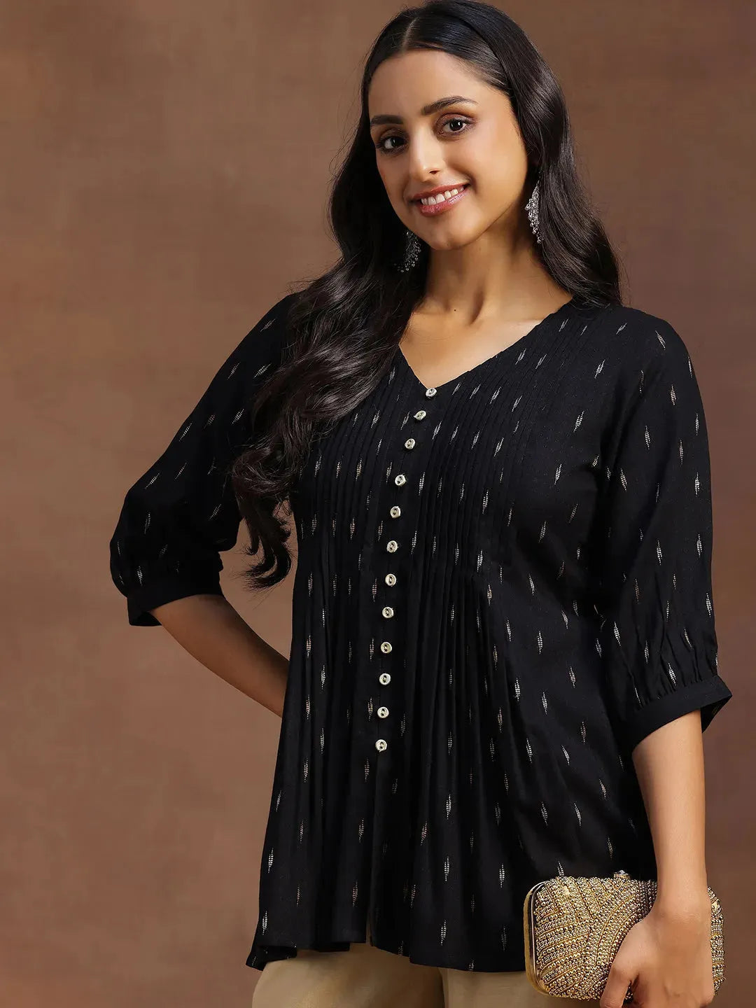 Libas Black Woven Design Cotton Blend A-line Kurti P23