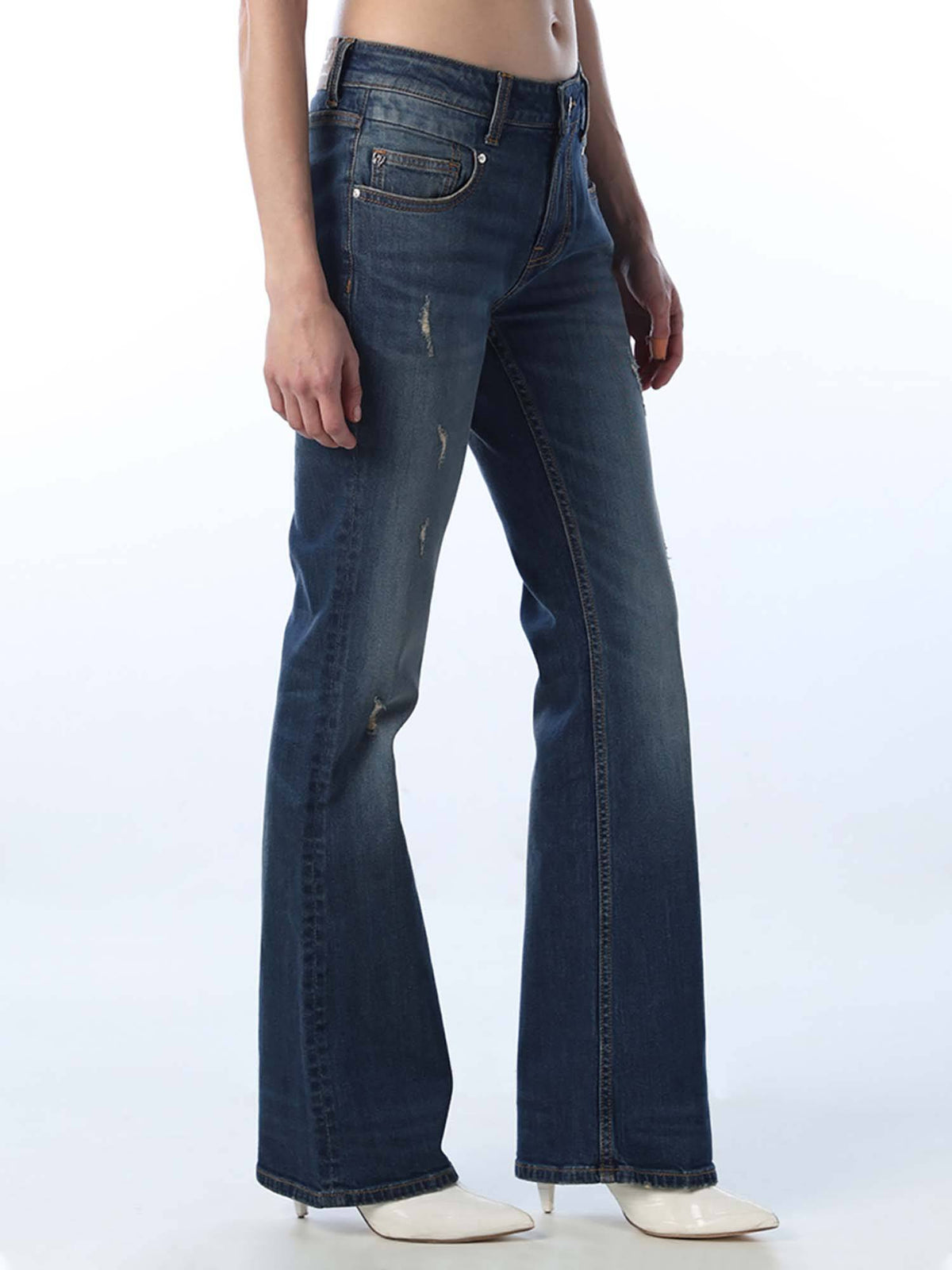Womens Solid Flared Fit Mid-Rise Blue Jeans | BG78 - view 4