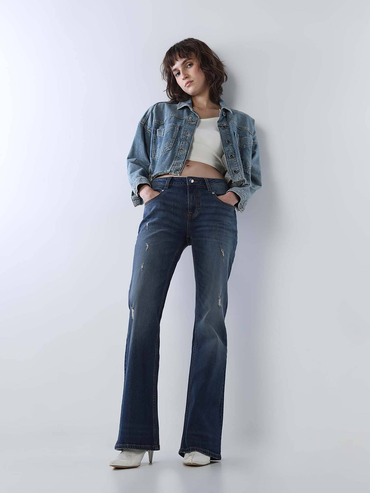 Womens Solid Flared Fit Mid-Rise Blue Jeans | BG78 - view 6