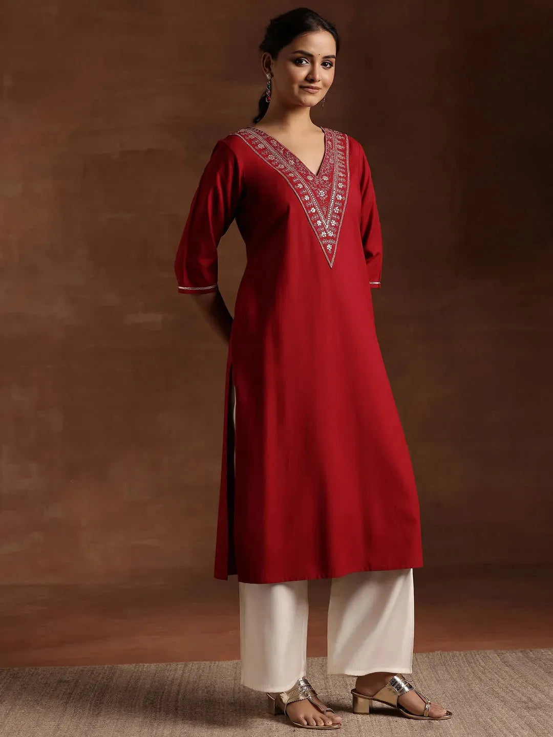 Libas Maroon Yoke Design Rayon A-Line Kurta
