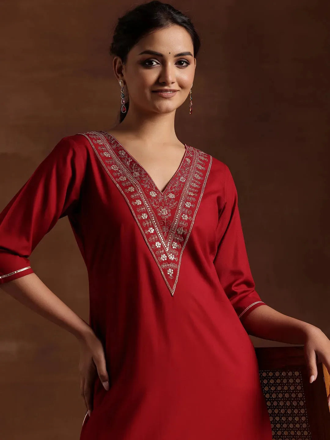 Libas Maroon Yoke Design Rayon A-Line Kurta