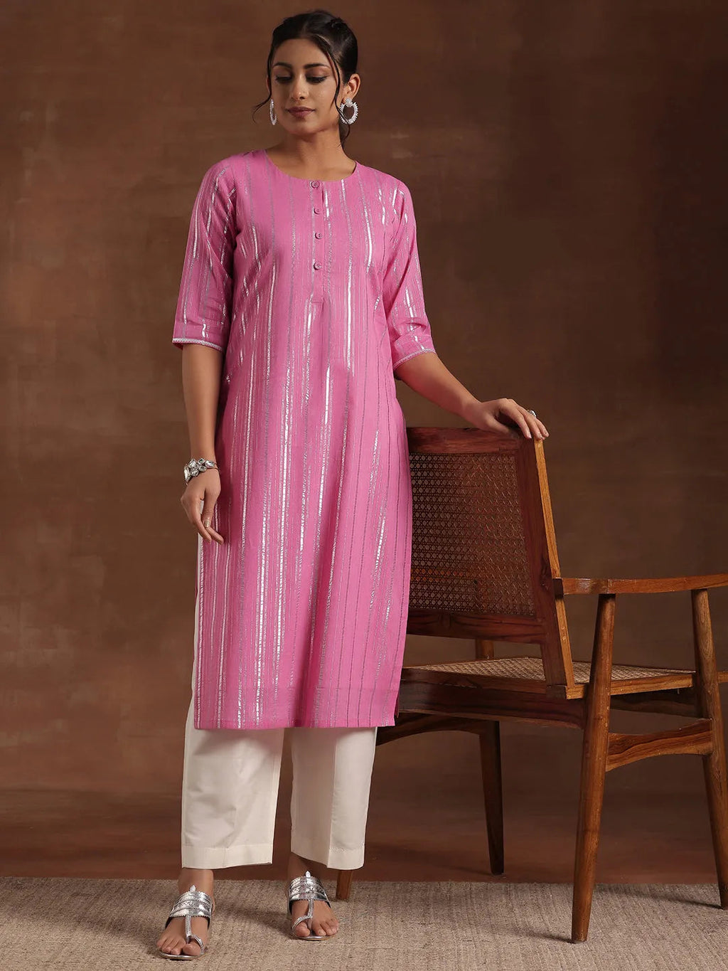 Gerua Pink Woven Design Cotton Blend Straight Kurta