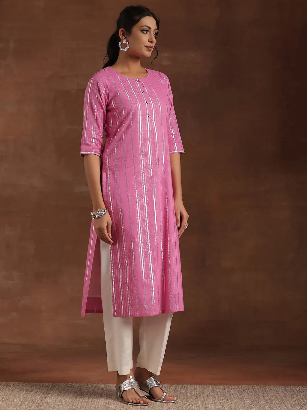 Gerua Pink Woven Design Cotton Blend Straight Kurta
