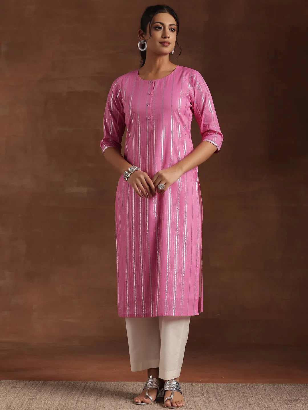 Gerua Pink Woven Design Cotton Blend Straight Kurta