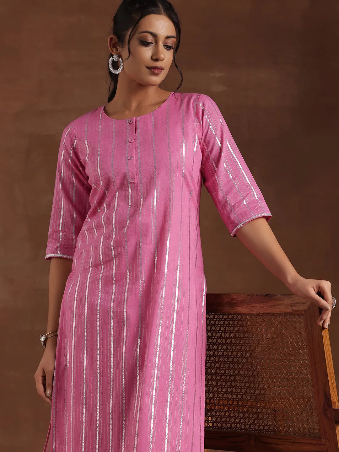 Gerua Pink Woven Design Cotton Blend Straight Kurta