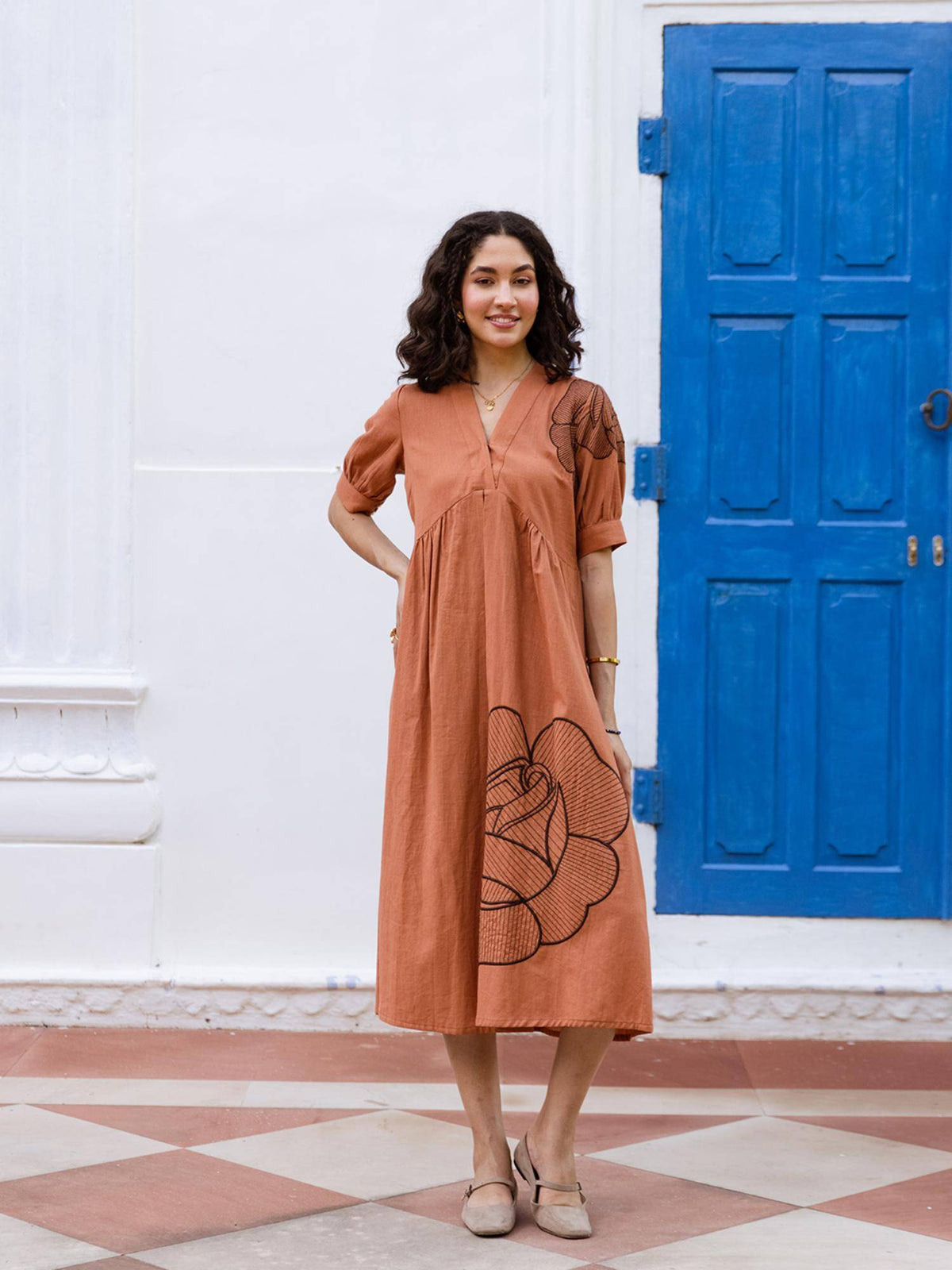 Cream V Neck Half Sleeves Embroidered Dress | D56 - view 7