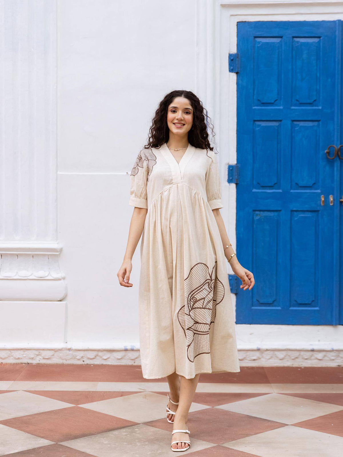Cream V Neck Half Sleeves Embroidered Dress | D56 - view 1