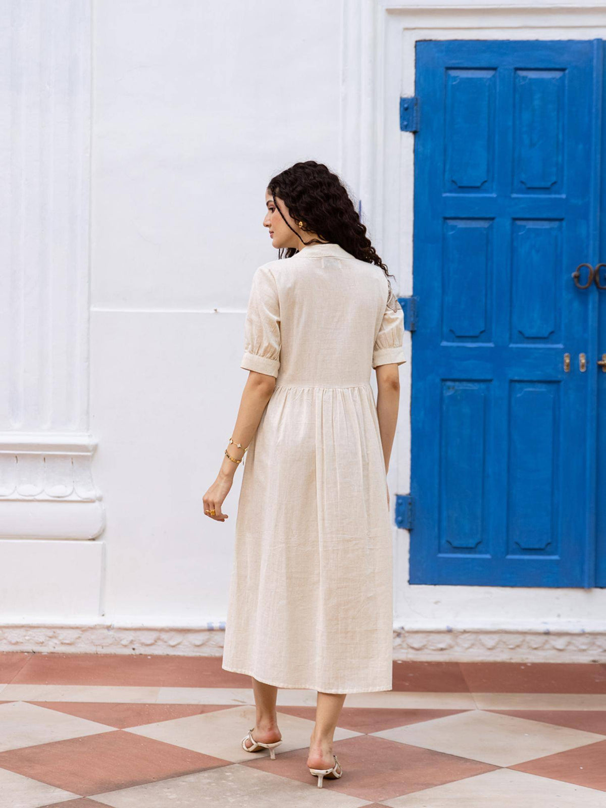 Cream V Neck Half Sleeves Embroidered Dress | D56 - view 2