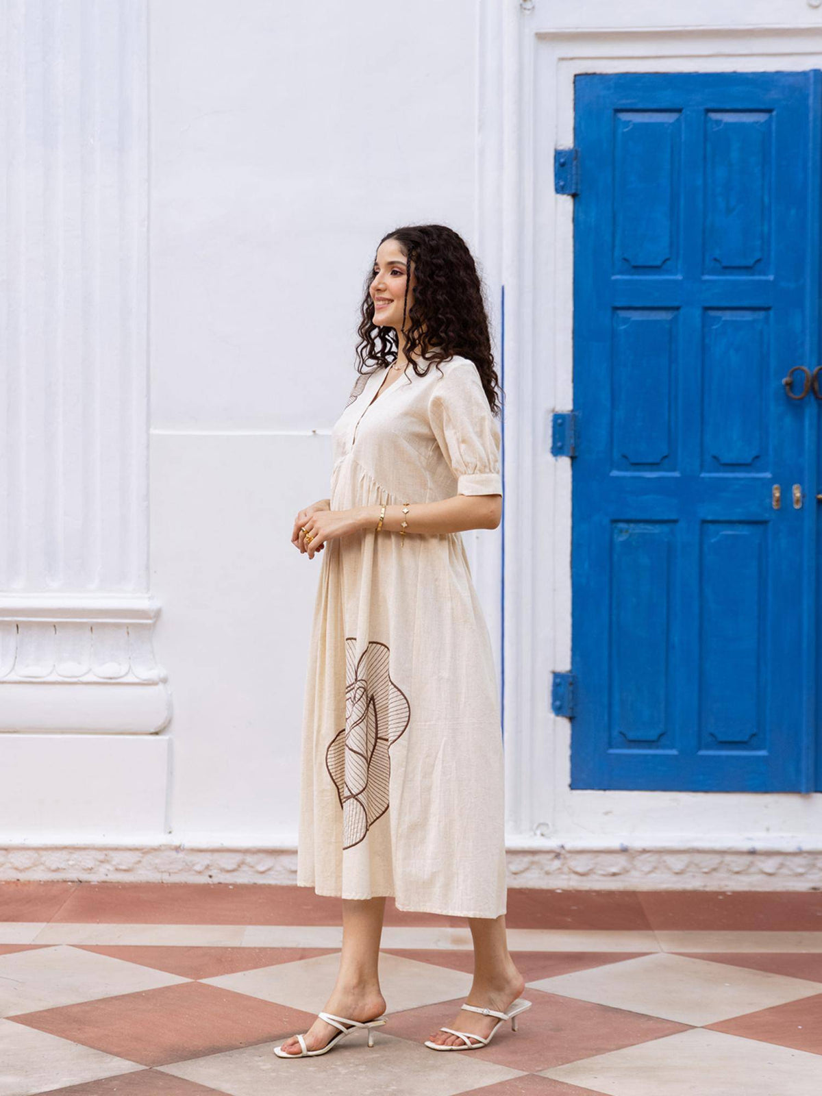 Cream V Neck Half Sleeves Embroidered Dress | D56 - view 3