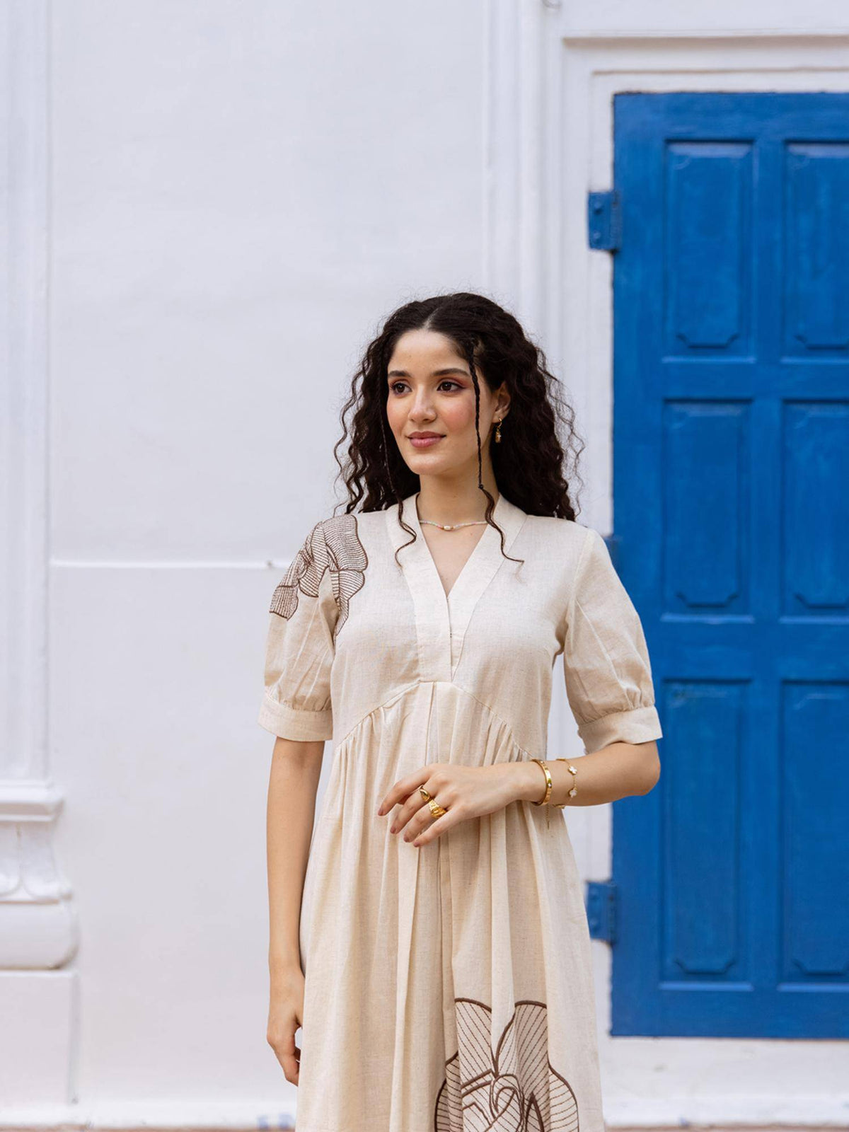 Cream V Neck Half Sleeves Embroidered Dress | D56 - view 4