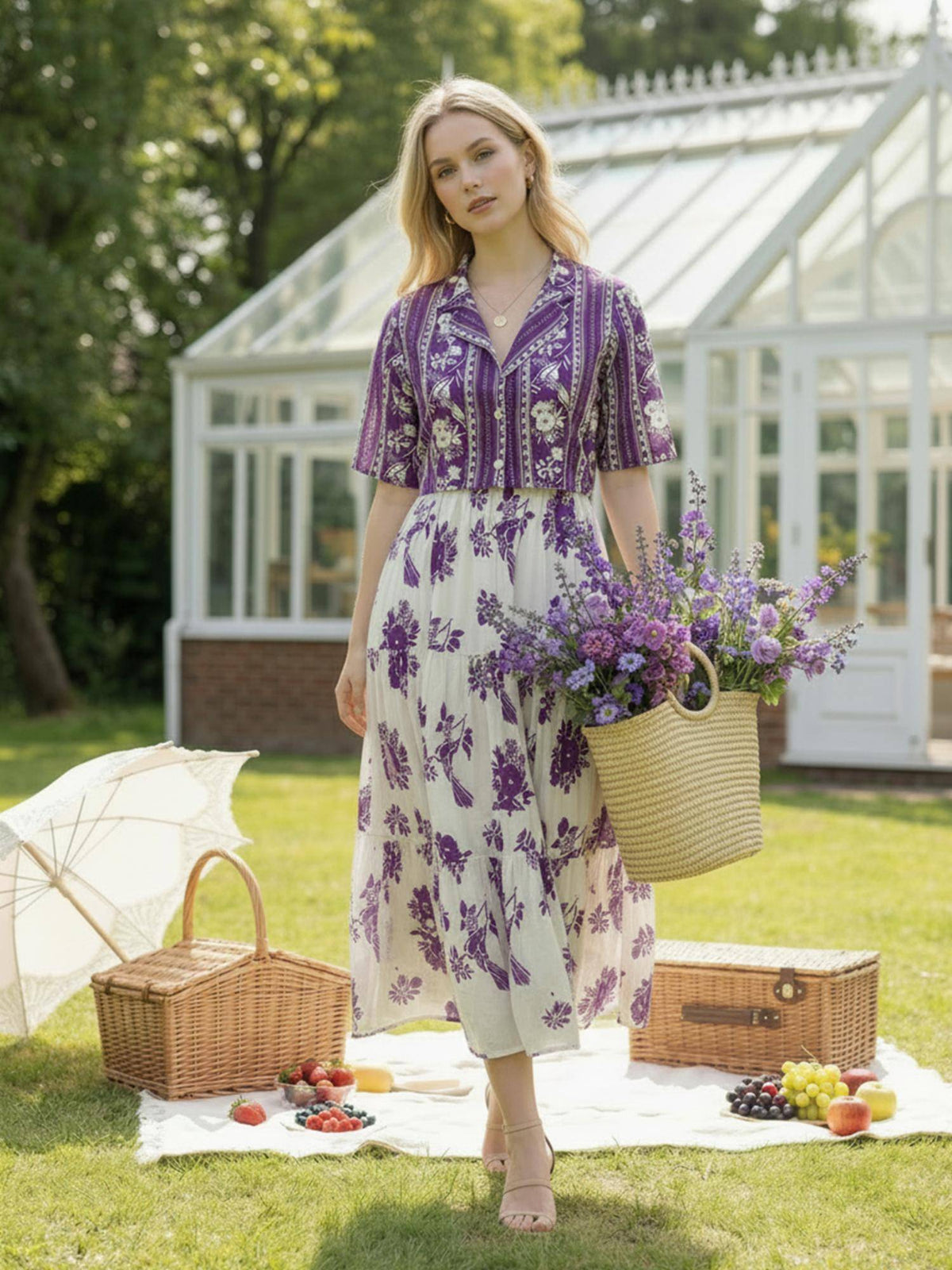 White Printed Fit and Flare Midi Dress with Jacket | D56 - view 3