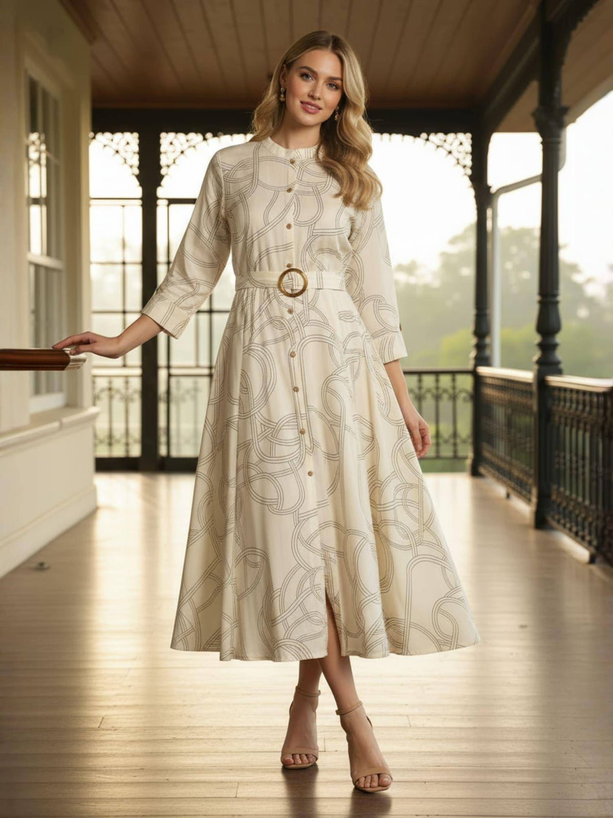 Off White Rayon Printed Fit and Flare Midi Dress with Belt | D56 - view 1