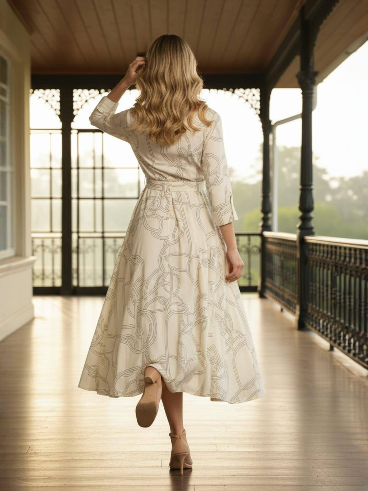 Off White Rayon Printed Fit and Flare Midi Dress with Belt | D56 - view 2