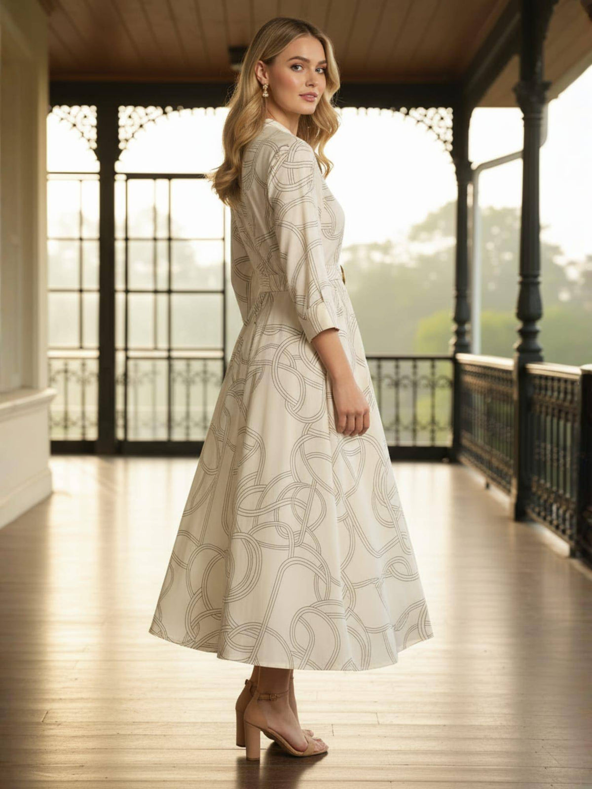 Off White Rayon Printed Fit and Flare Midi Dress with Belt | D56 - view 5