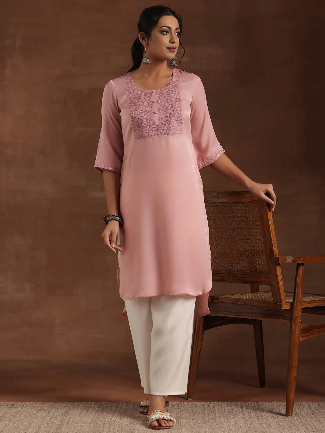 Gerua Peach Yoke Design Polyester Straight Kurta