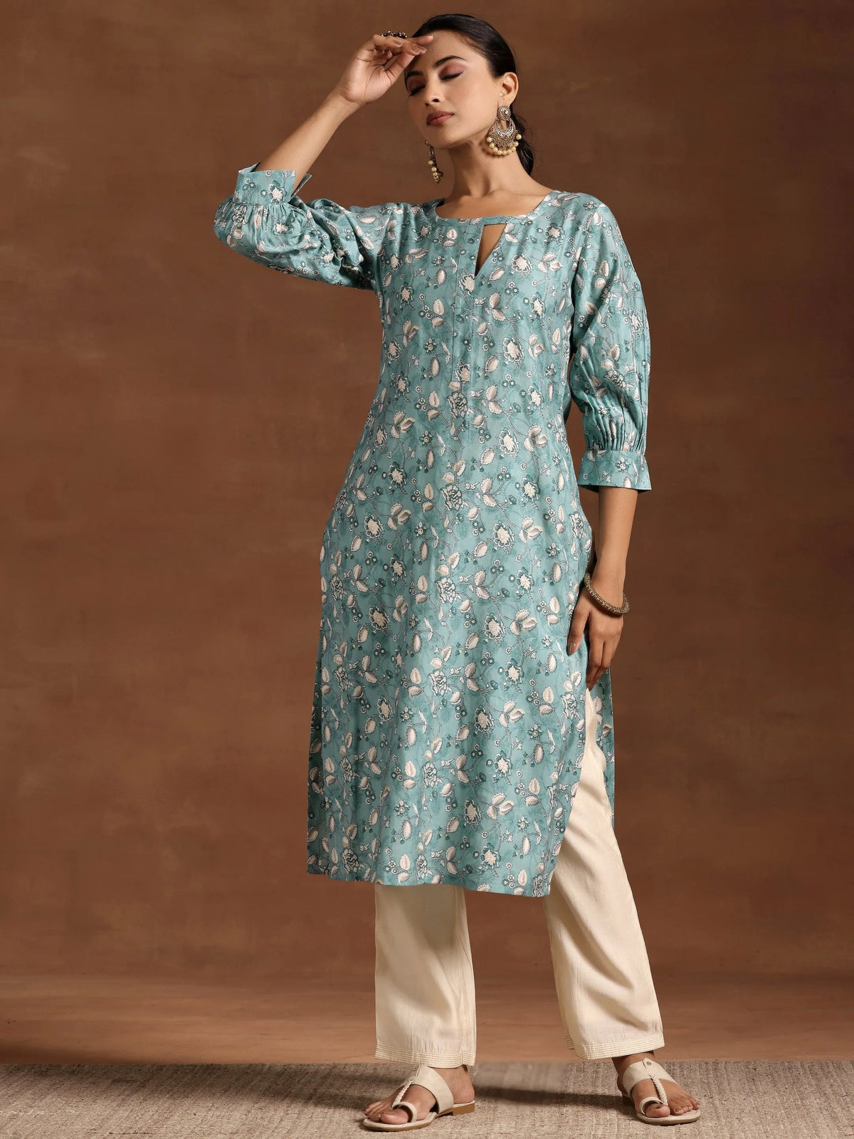 Gerua Blue Printed Silk Straight Kurta