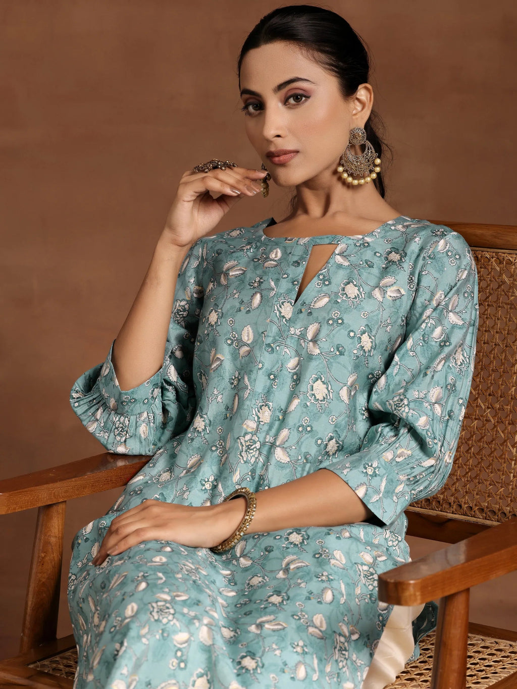 Gerua Blue Printed Silk Straight Kurta