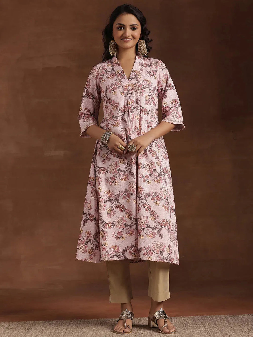 Gerua Pink Printed Cotton Blend A-Line Kurta