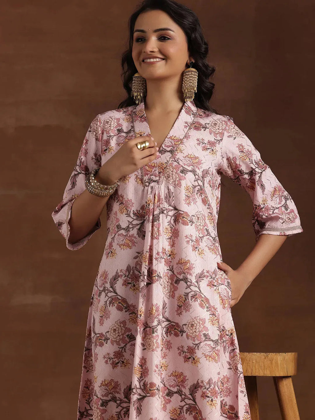 Gerua Pink Printed Cotton Blend A-Line Kurta