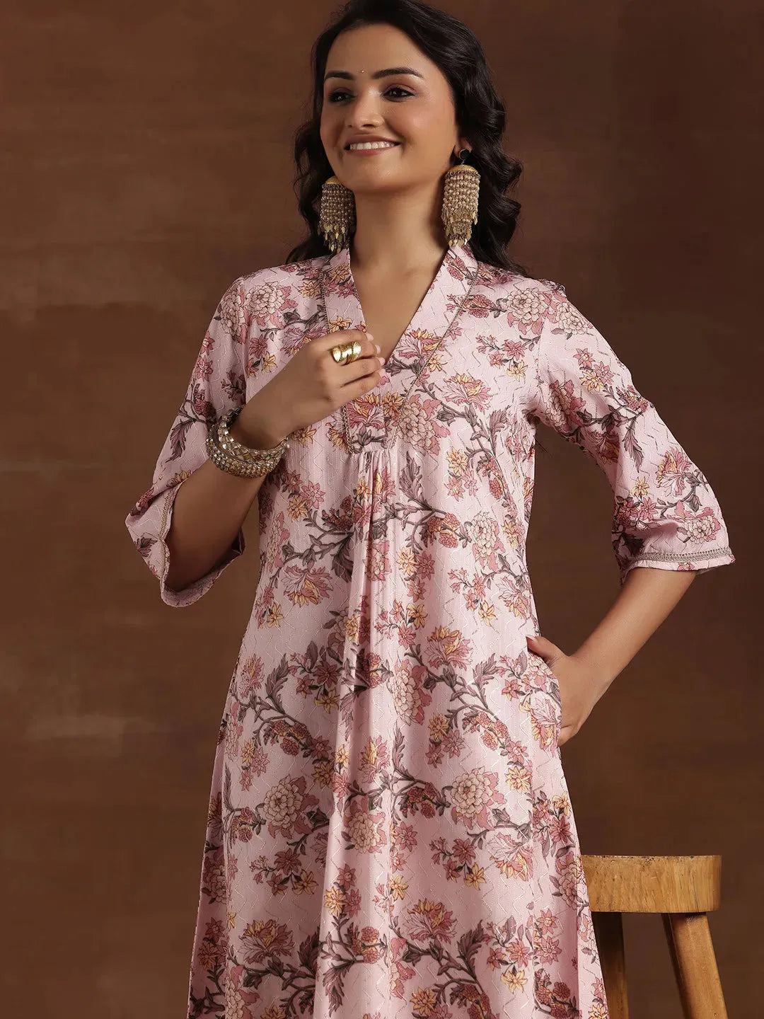 Gerua Pink Printed Cotton Blend A-Line Kurta