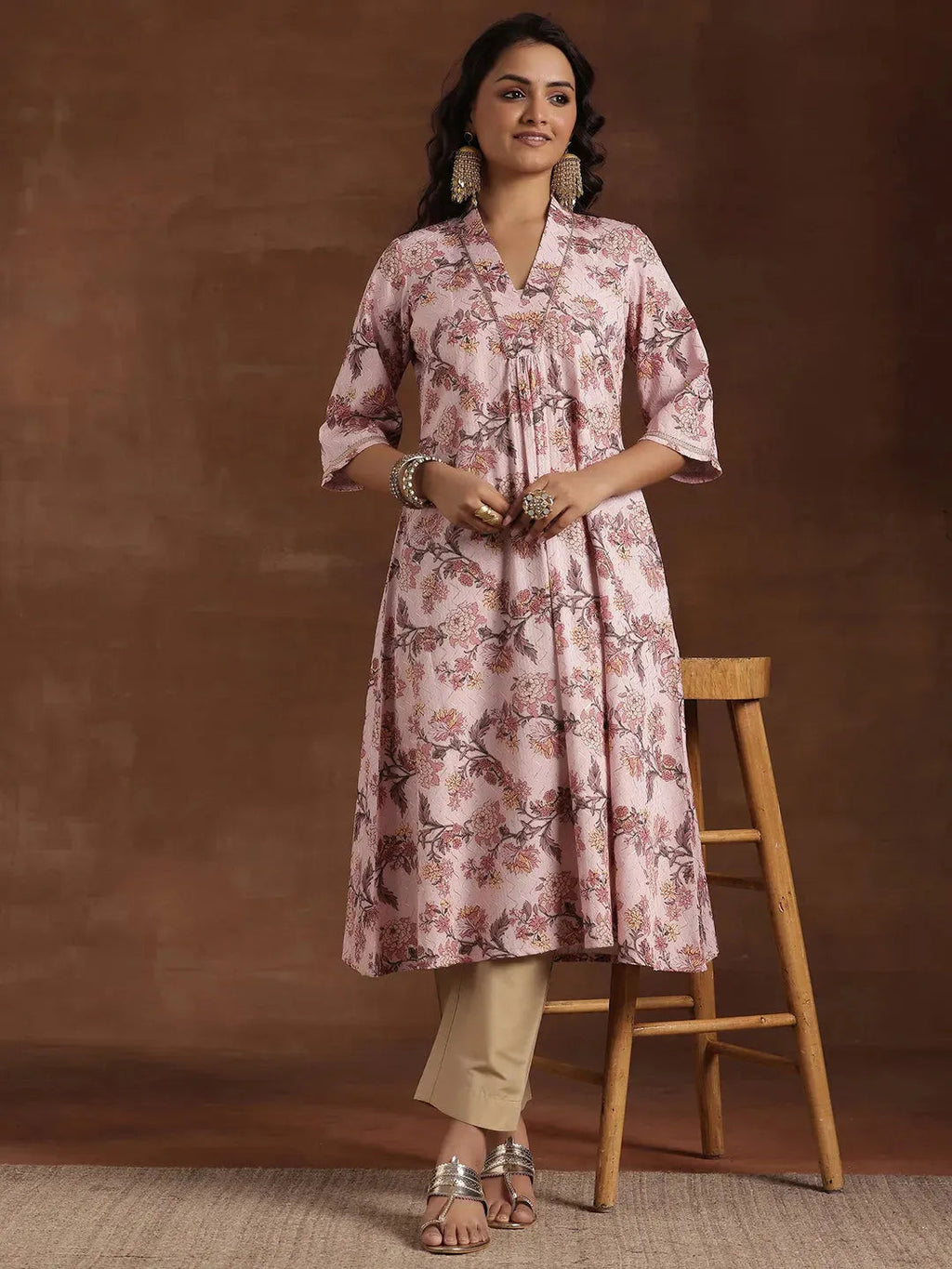 Gerua Pink Printed Cotton Blend A-Line Kurta
