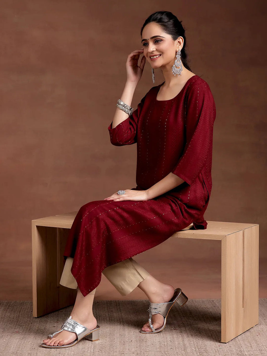 Libas Red Woven Design Rayon Straight Kurta