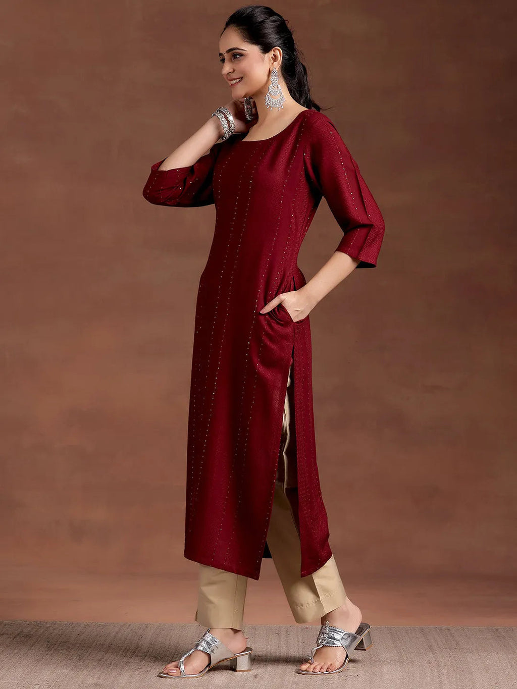 Libas Red Woven Design Rayon Straight Kurta