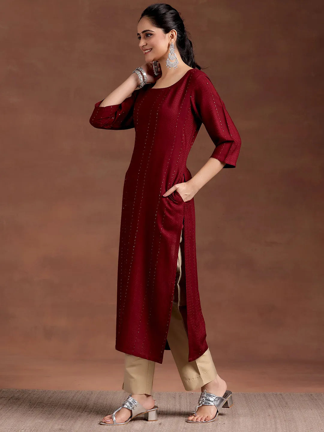 Libas Red Woven Design Rayon Straight Kurta