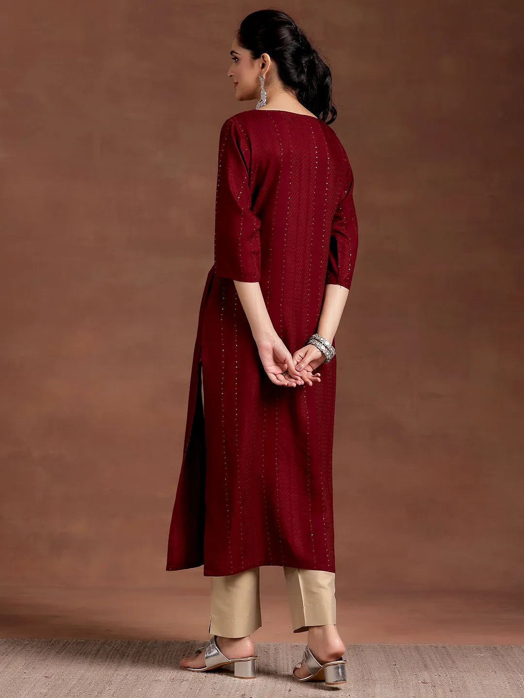 Libas Red Woven Design Rayon Straight Kurta