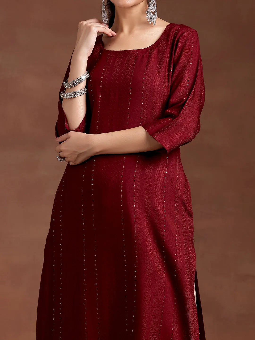 Libas Red Woven Design Rayon Straight Kurta