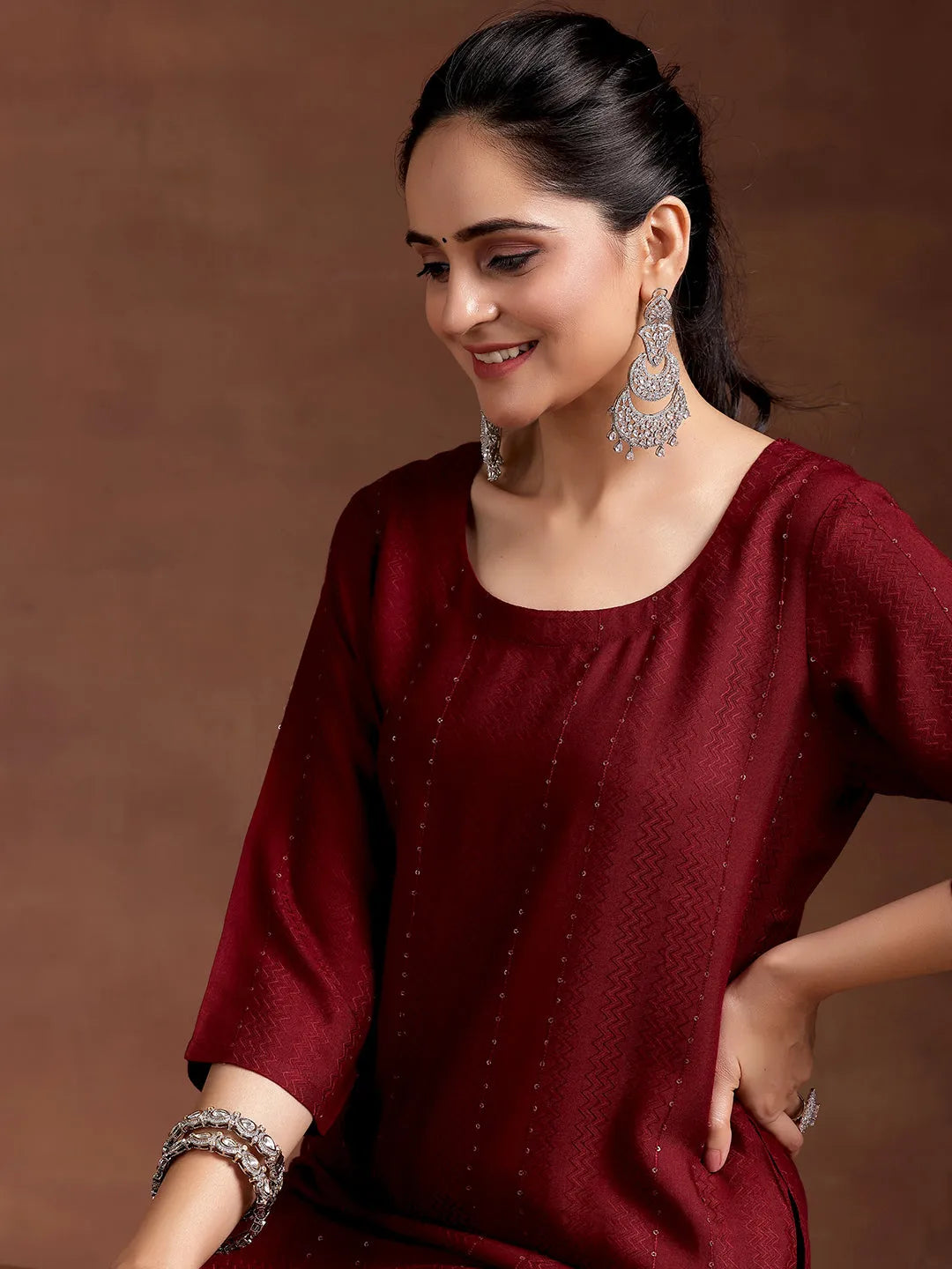 Libas Red Woven Design Rayon Straight Kurta