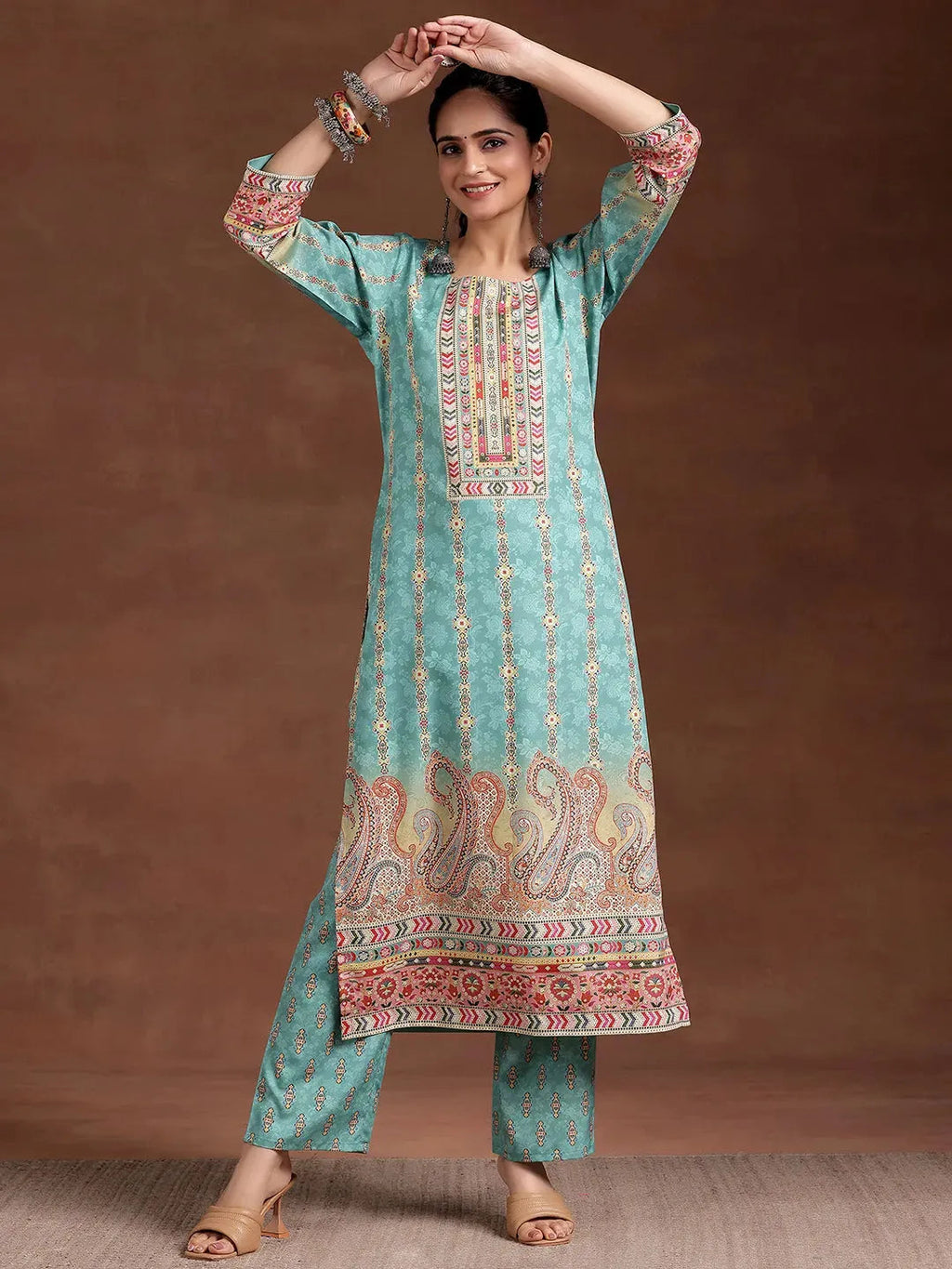 Gerua Sky Blue Printed Crepe Straight Kurta