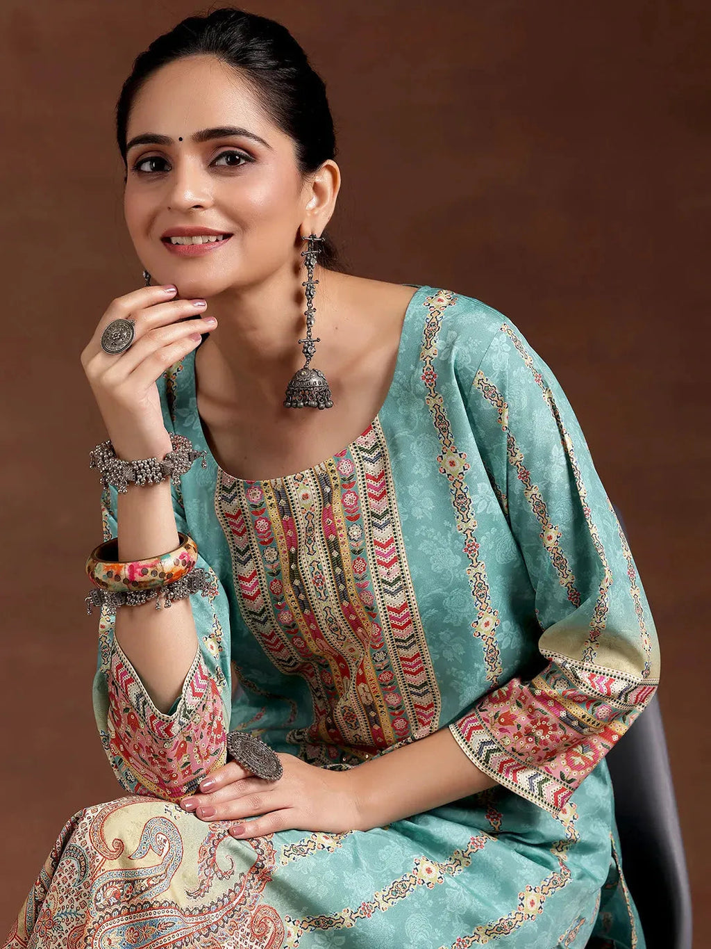 Gerua Sky Blue Printed Crepe Straight Kurta