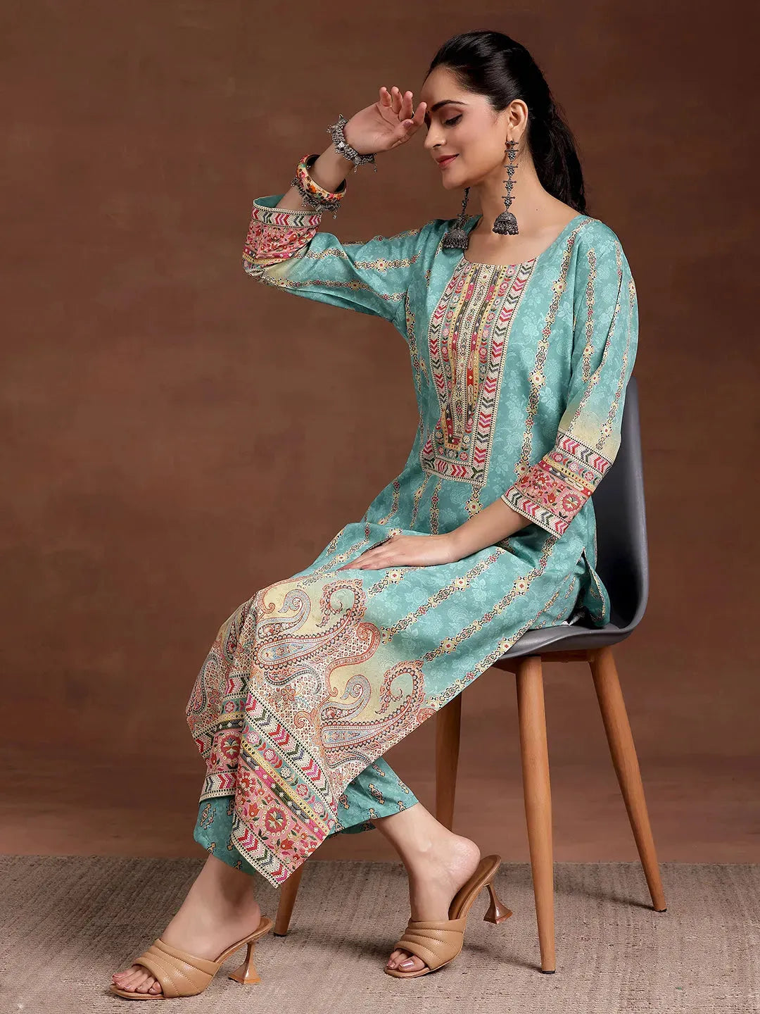 Gerua Sky Blue Printed Crepe Straight Kurta