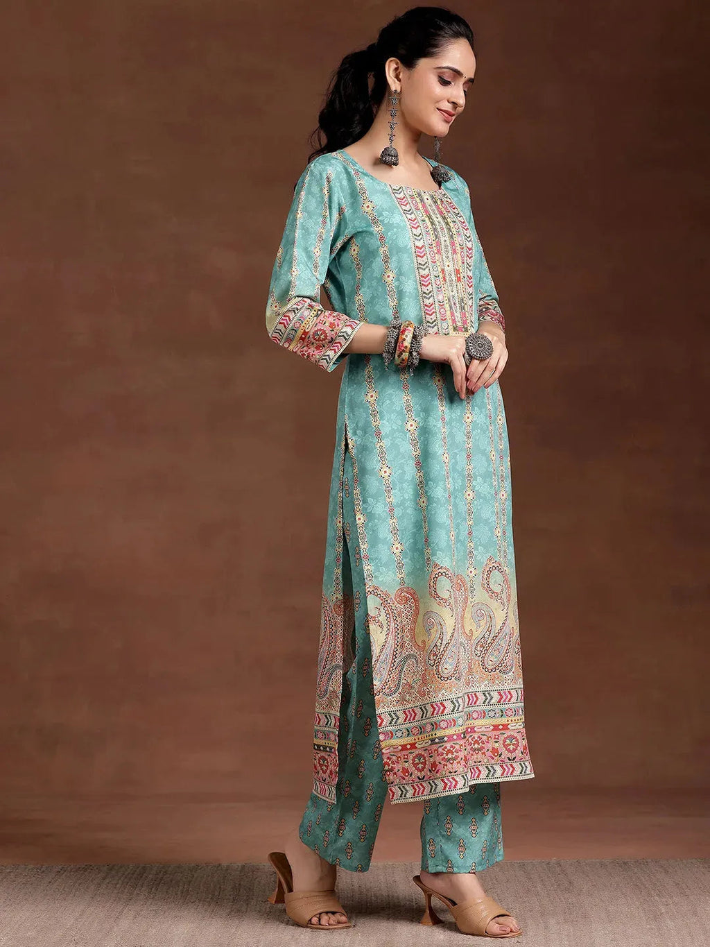 Gerua Sky Blue Printed Crepe Straight Kurta