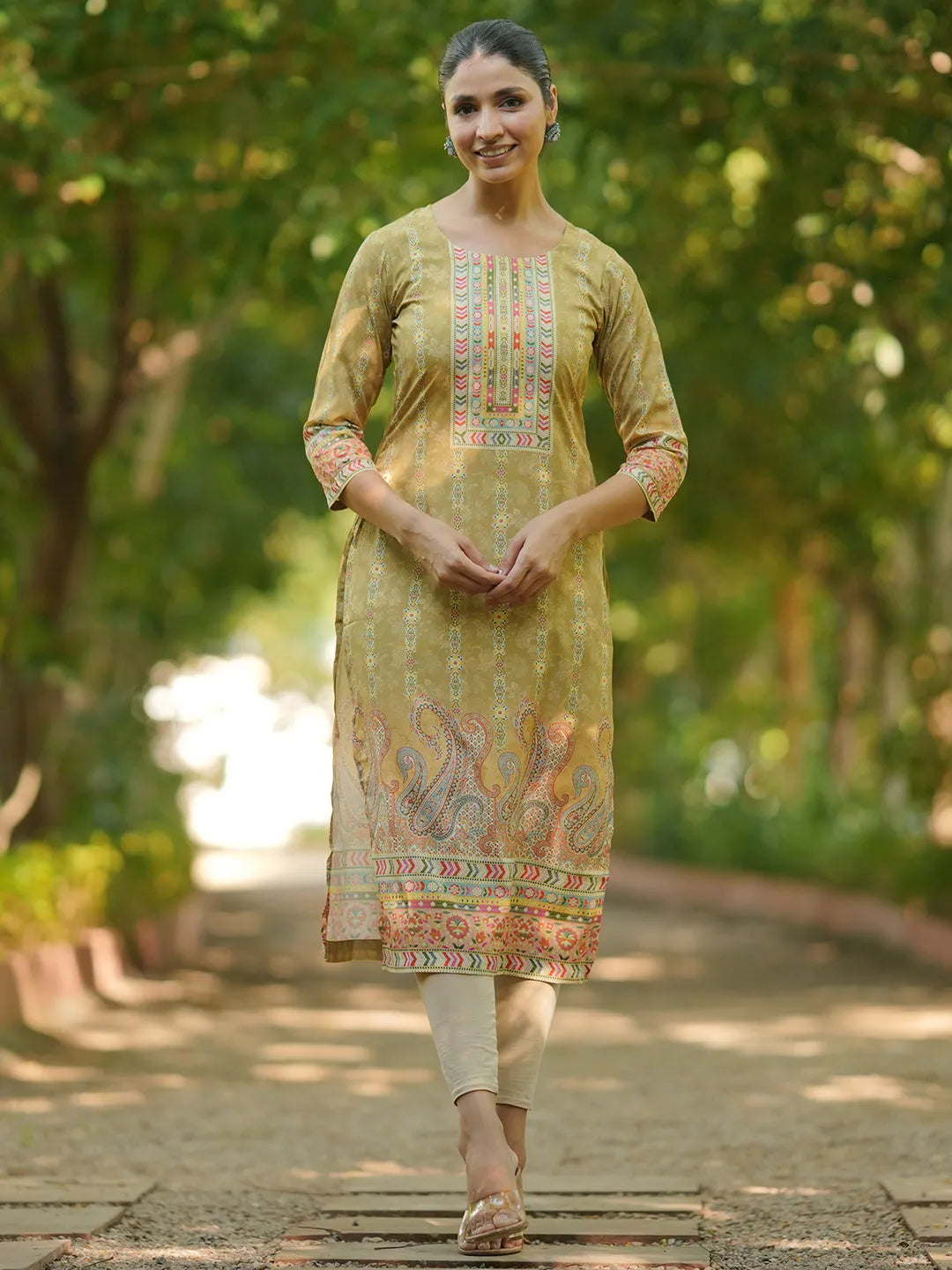 Gerua Mustard Printed Crepe Straight Kurta