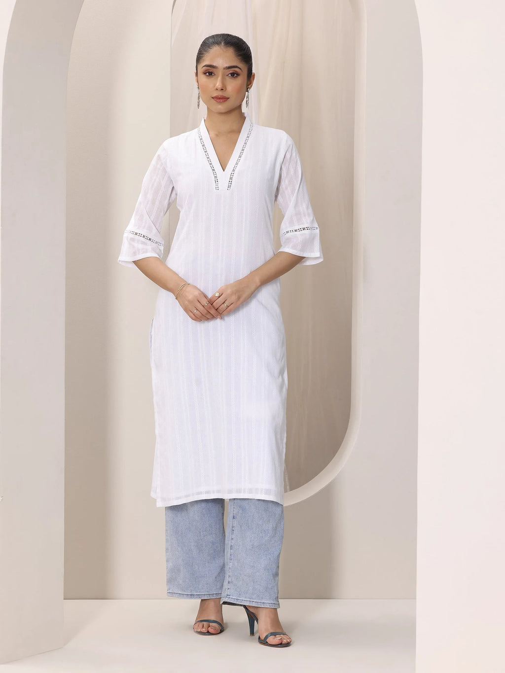 Libas White Printed Cotton Straight Kurta