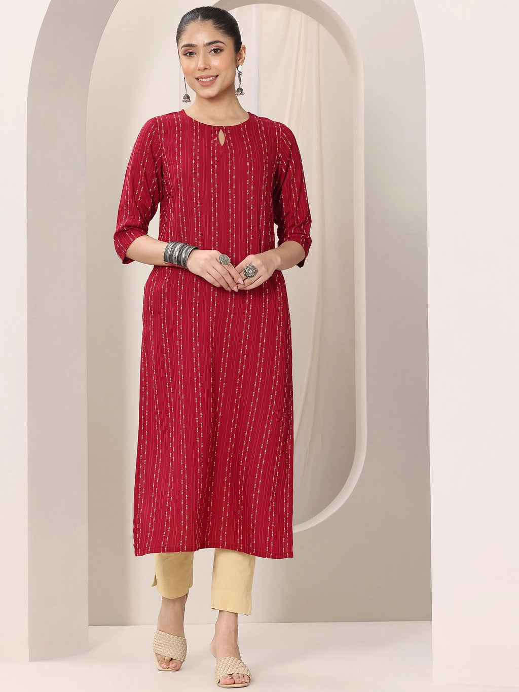 Libas Red Woven Design Rayon Straight Kurta