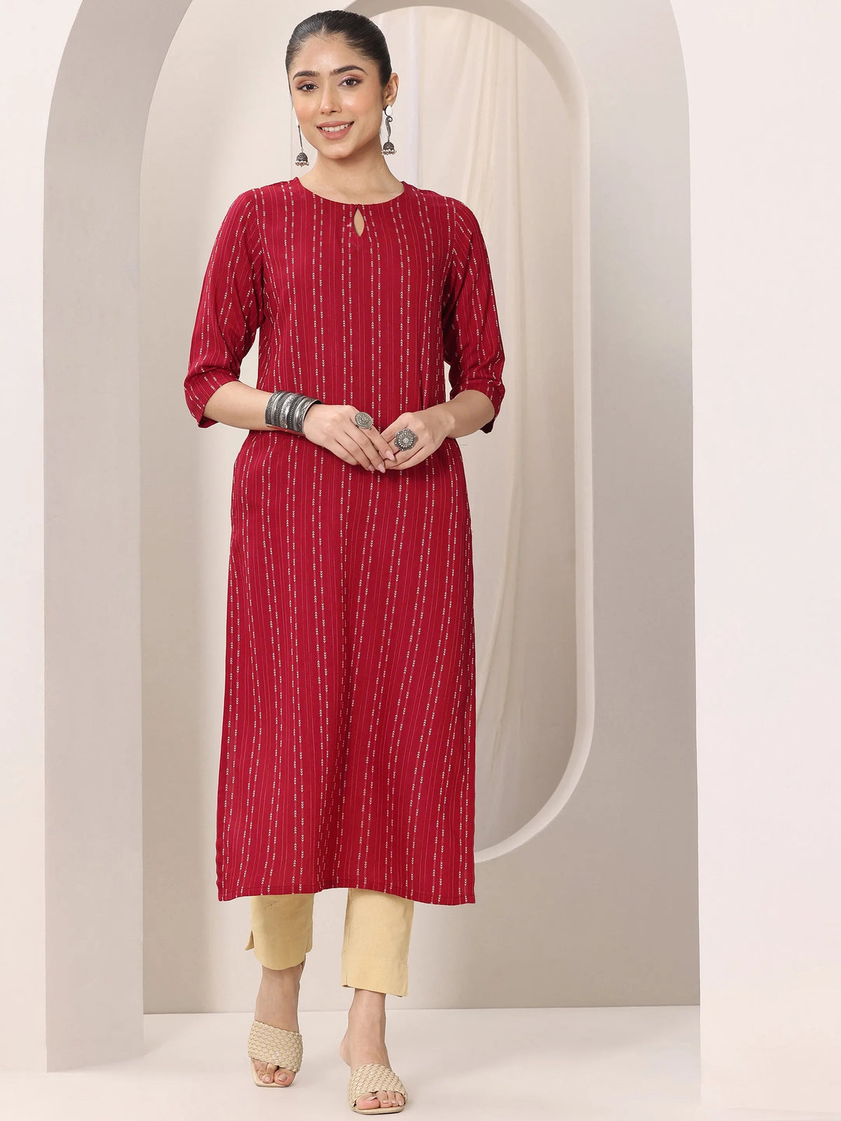Libas Red Woven Design Rayon Straight Kurta