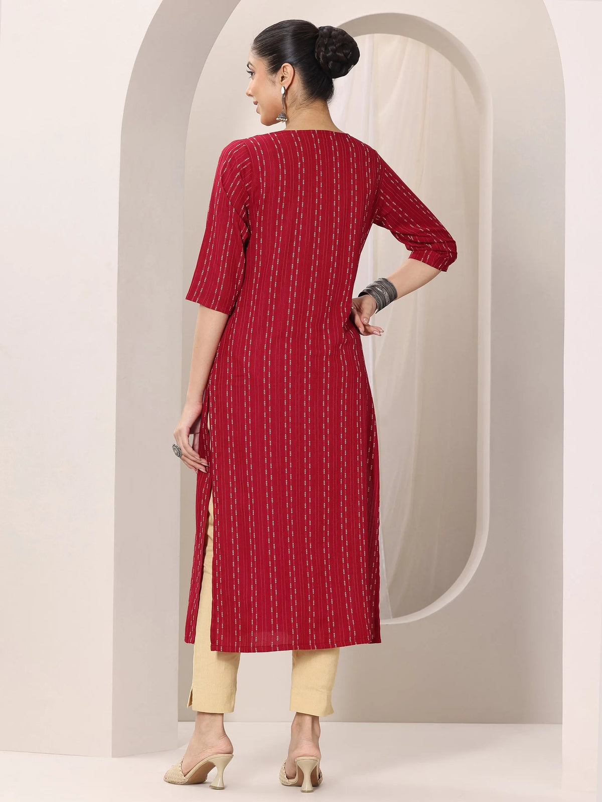 Libas Red Woven Design Rayon Straight Kurta