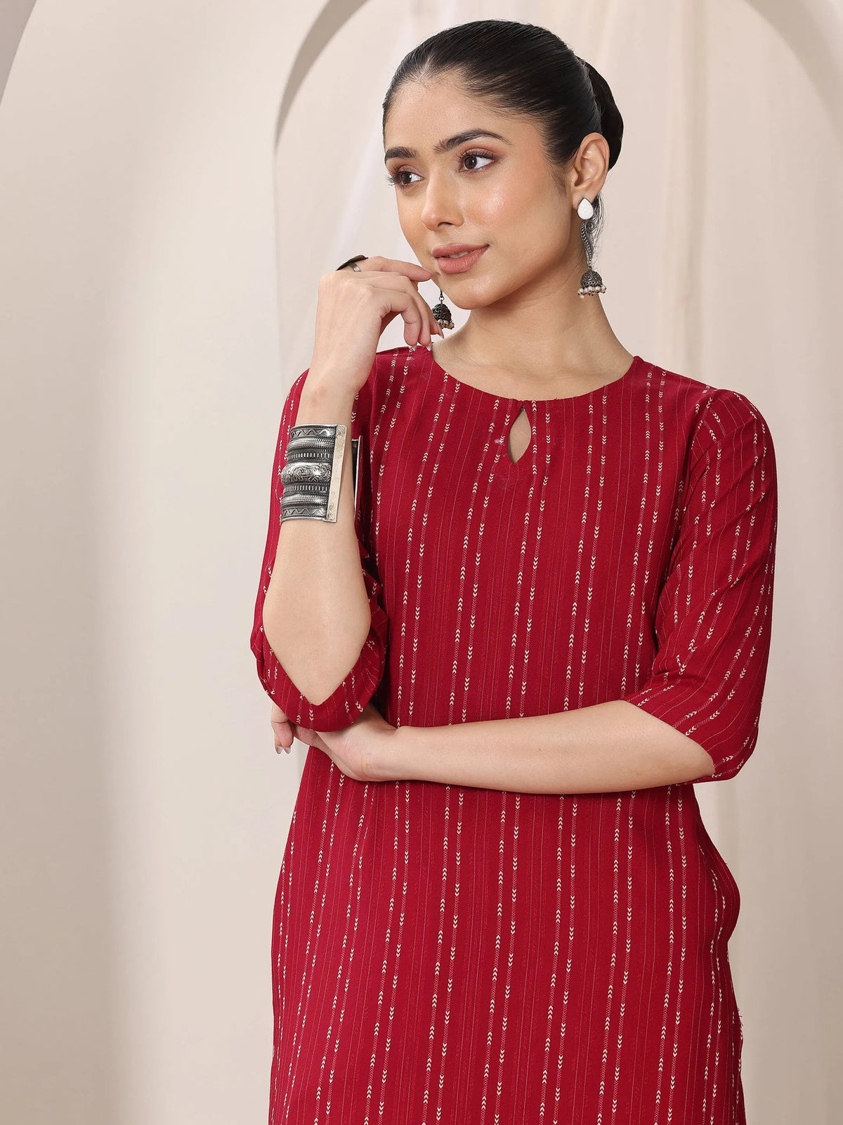 Libas Red Woven Design Rayon Straight Kurta