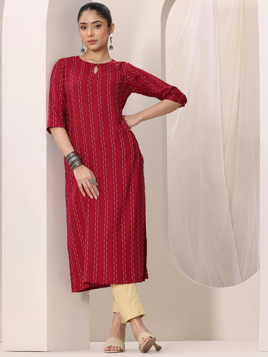 Libas Red Woven Design Rayon Straight Kurta