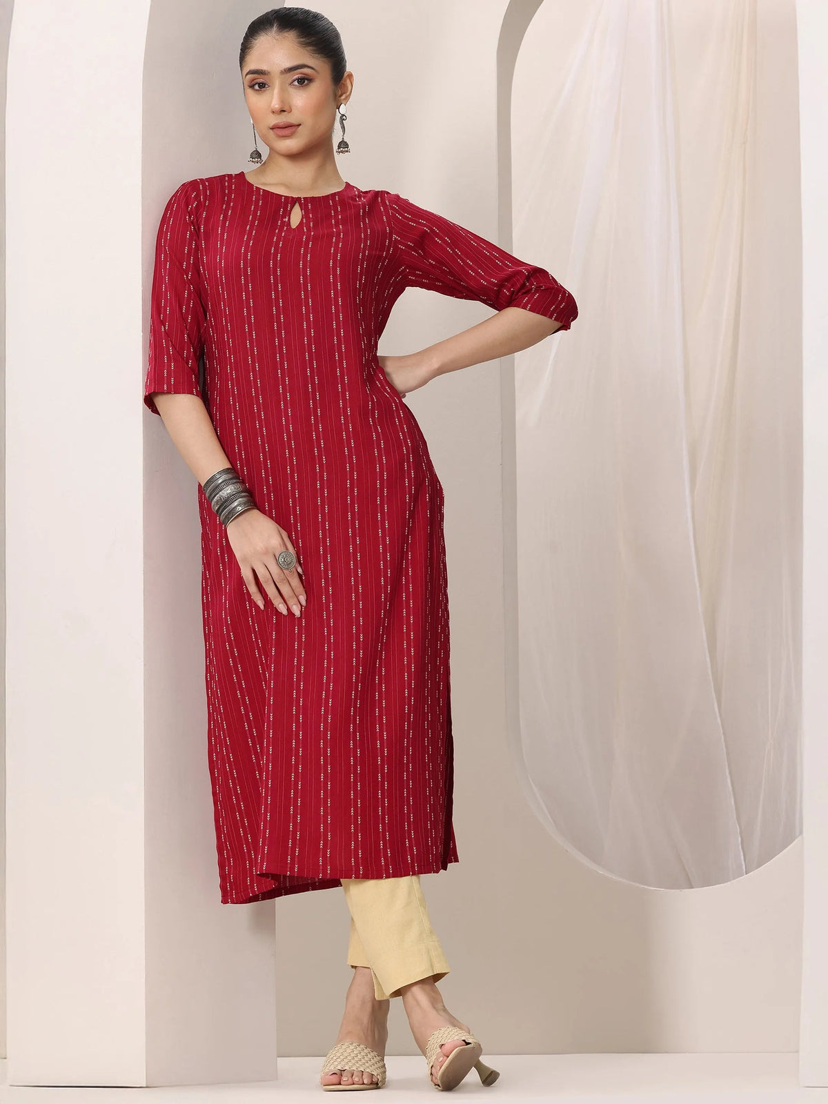 Libas Red Woven Design Rayon Straight Kurta